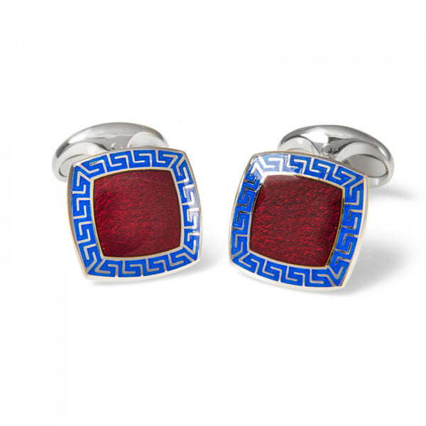deakin & francis Sterling Silver Red Enamel Cufflinks with Blue Patterened Border