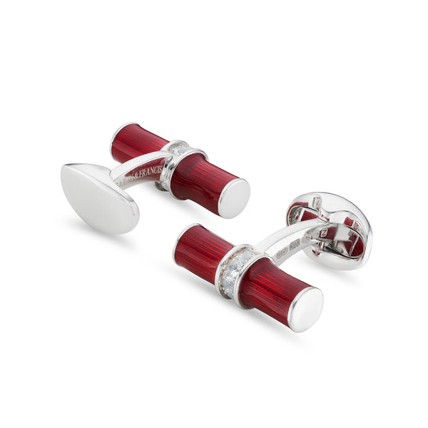 Deakin & Francis Sterling Silver Red Enamel & White Spinel Centre Bar Cufflink