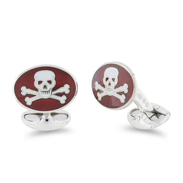 deakin & francis Sterling Silver Red Skull And Cross Bones Enamel Cufflinks