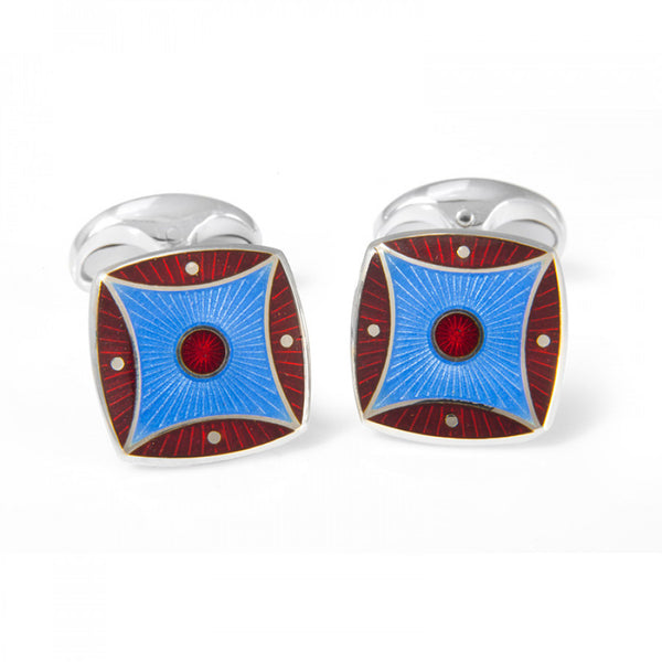 deakin & francis Sterling Silver Red & Sky Blue Pattern Enamel Cufflinks