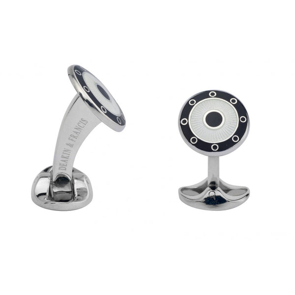 deakin & francis Sterling Silver Round Black & Clear Enamel Cufflinks