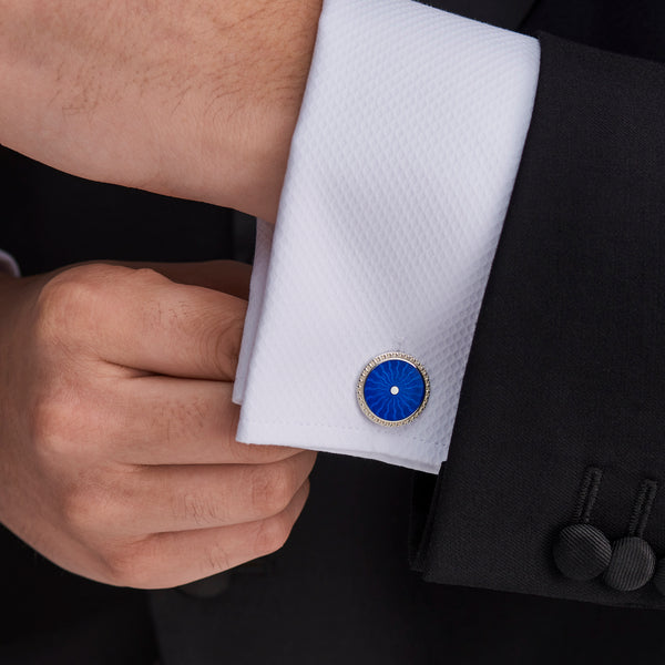 Deakin & Francis Sterling Silver Round Blue Enamel Cufflinks With Detailed Border