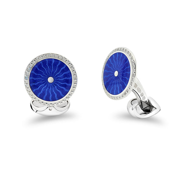 deakin & francis Sterling Silver Round Blue Enamel Cufflinks With Detailed Border
