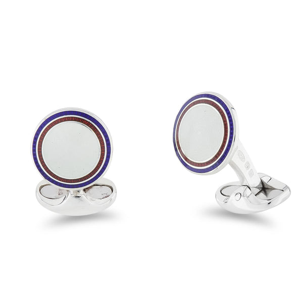 deakin & francis Sterling Silver Round Clear Enamel Cufflinks With Navy Blue And Red Border