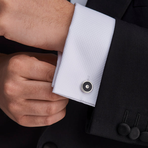 Deakin & Francis Sterling Silver Round Cufflinks With Onyx And Diamond