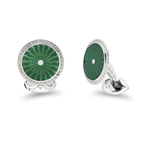 deakin & francis Sterling Silver Round Forest Green Enamel Cufflinks With Detailed Border