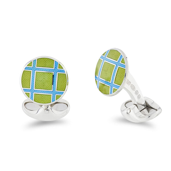 deakin & francis Sterling Silver Round Green And Blue Cross Hatch Enamel Cufflinks