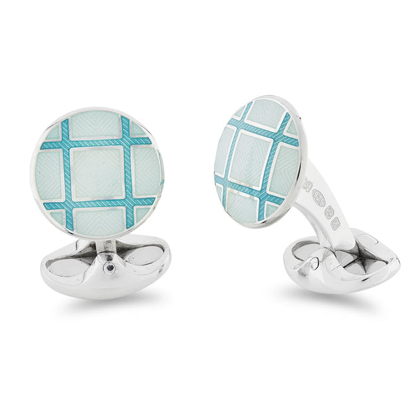 deakin & francis Sterling Silver Round Light Blue And Turquoise Cross Hatch Enamel Cufflinks