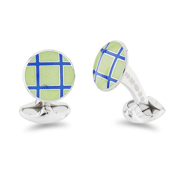 deakin & francis Sterling Silver Round Light Green And Royal Blue Cross Hatch Enamel Cufflinks