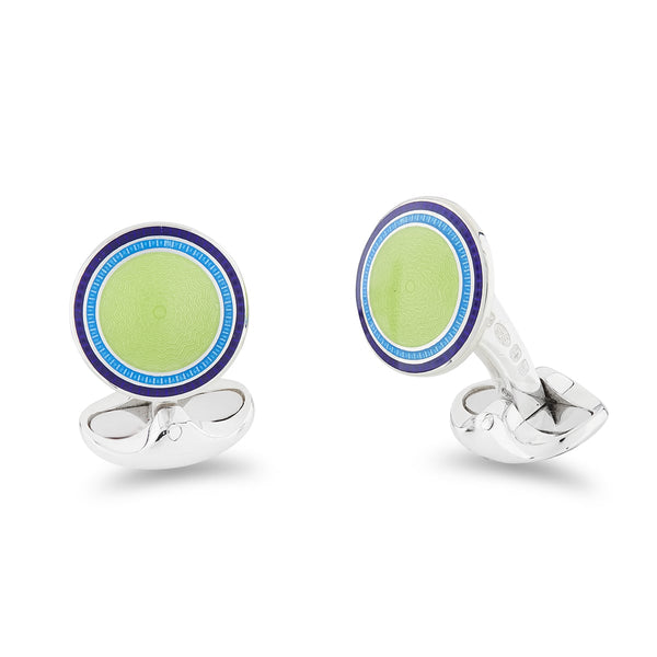 deakin & francis Sterling Silver Round Lime Green Enamel Cufflinks With Navy and Sky Blue Border