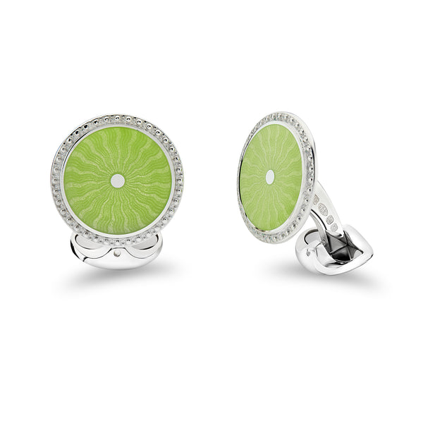deakin & francis Sterling Silver Round Lime Green Enamel Cufflinks With Detailed Border