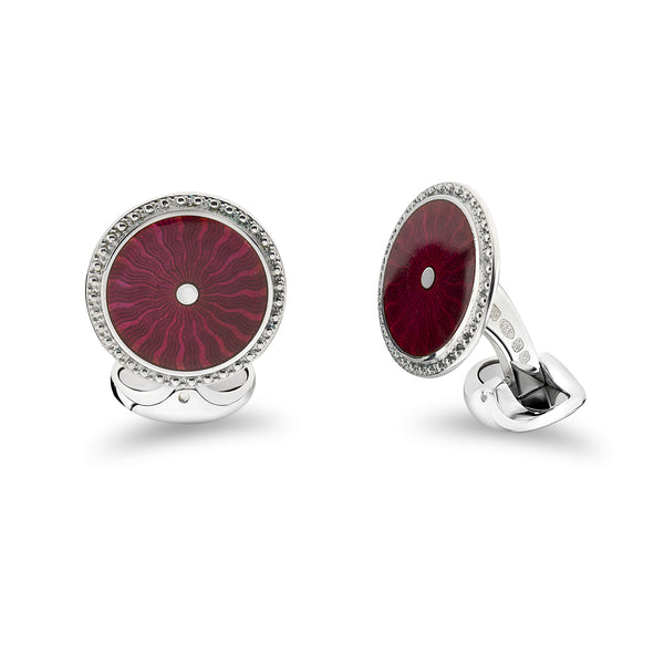 deakin & francis Sterling Silver Round Magenta Enamel Cufflinks With Detailed Border