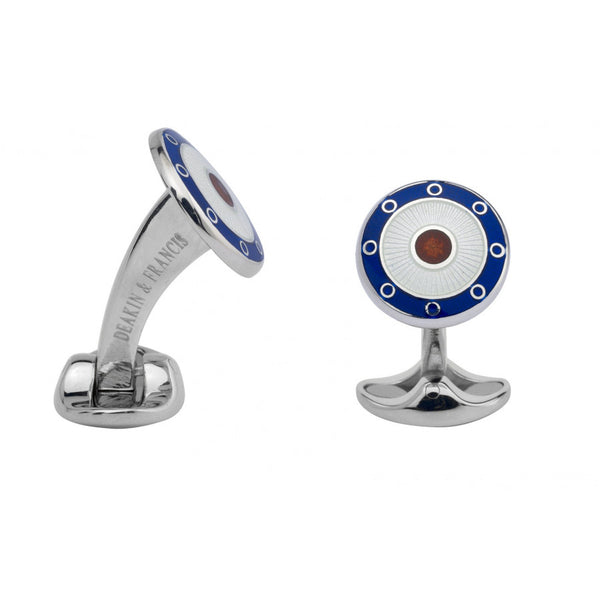 deakin & francis Sterling Silver Round Navy Blue Clear & Red Enamel Cufflinks