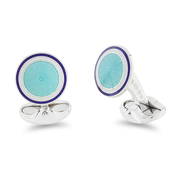 deakin & francis Sterling Silver Round Pale Blue Enamel Cufflinks With Navy Blue And White Border