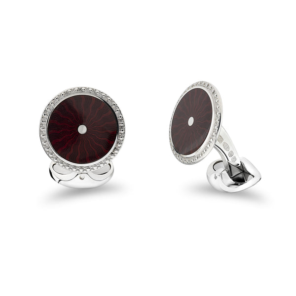 deakin & francis Sterling Silver Round Red Enamel Cufflinks With Detailed Border