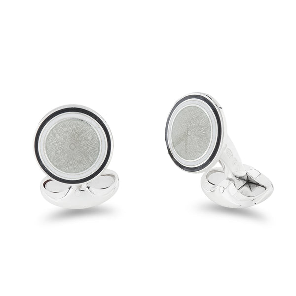 deakin & francis Sterling Silver Round Silver Grey Enamel Cufflinks With Black And White Border