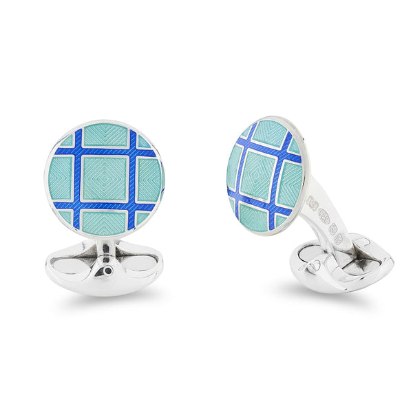 deakin & francis Sterling Silver Round Turquoise And Royal Blue Cross Hatch Enamel Cufflinks