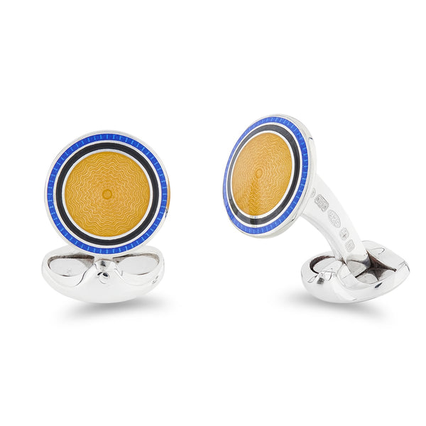 deakin & francis Sterling Silver Round Yellow Enamel Cufflinks With Royal Blue And Black Enamel Border