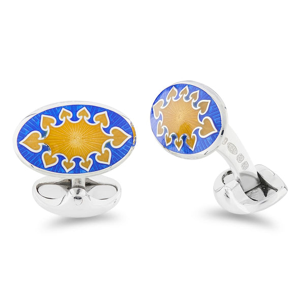 deakin & francis Sterling Silver Royal Blue And Yellow Fancy Design Enamel Cufflinks