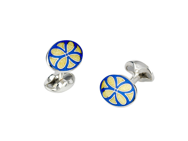 deakin & francis Sterling Silver Royal Blue & Bright Yellow Fancy Pattern Enamel Cufflinks