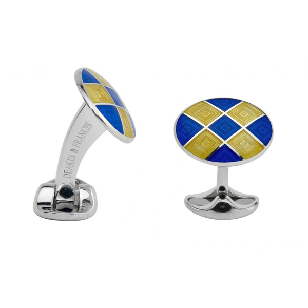 deakin & francis Sterling Silver Royal Blue & Bright Yellow Patterened Enamel Cufflinks