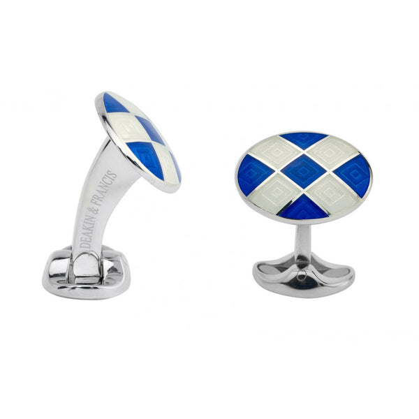 deakin & francis Sterling Silver Royal Blue & Clear Patterned Enamel Cufflinks