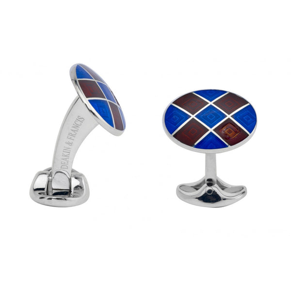 deakin & francis Sterling Silver Royal Blue & Maroon Red Patterened Enamel Cufflinks