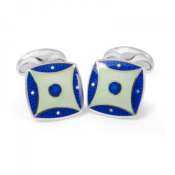 deakin & francis Sterling Silver Royal Blue & Silver Blue Pattern Enamel Cufflinks