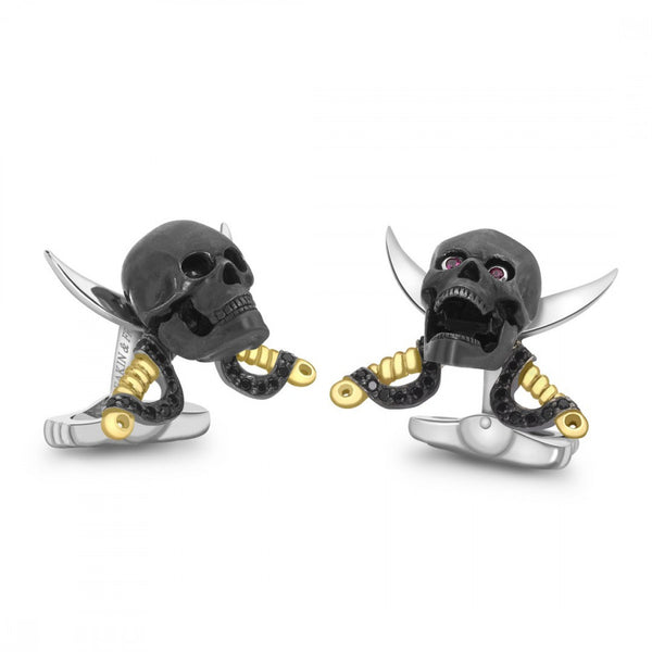 deakin & francis Sterling Silver Skull and Swords Cufflinks With Ruby Eyes