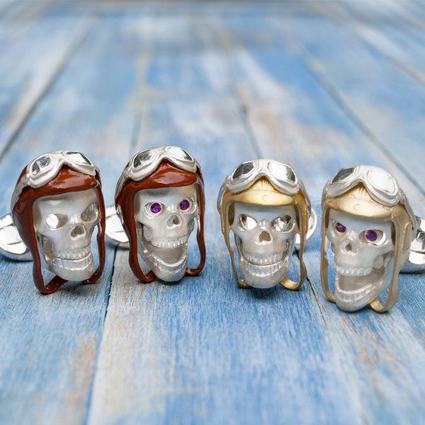 Deakin & Francis Sterling Silver Skull Cufflinks With Brown Vintage Aviator Pilot Hat