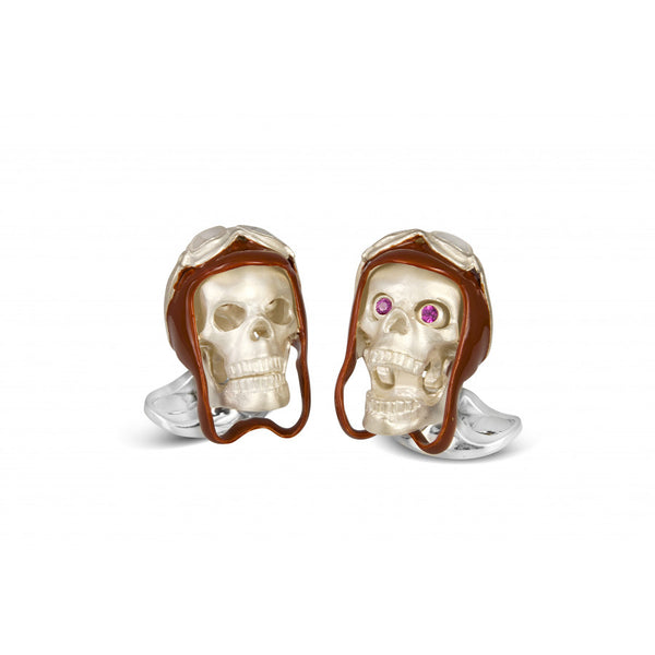 deakin & francis Sterling Silver Skull Cufflinks with Brown Vintage Aviator Pilot Hat