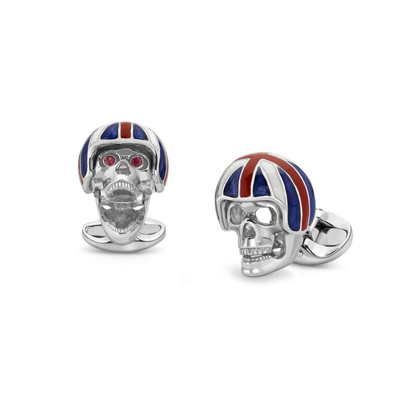 deakin & francis Sterling Silver Skull Cufflinks With Union Jack Helmet and Ruby Eyes