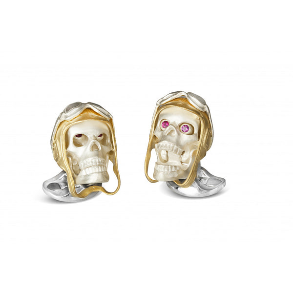 deakin & francis Sterling Silver Skull Cufflinks with Vintage Aviator Pilot Hat