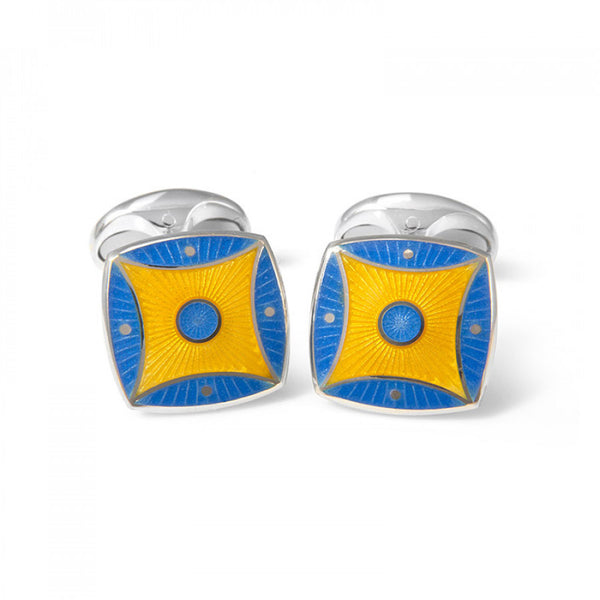 deakin & francis Sterling Silver Sky Blue & Bright Yellow Pattern Enamel Cufflinks