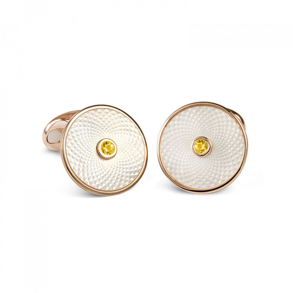 deakin & francis Sterling Silver White Mother-of-Pearl Cufflinks with a Yellow Sapphire Gemstone