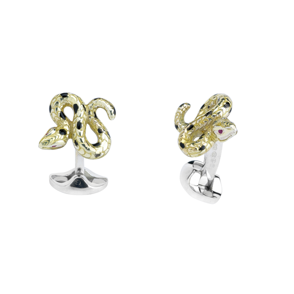 deakin & francis Sterling Silver Yellow and Black Enamel Snake Cufflinks