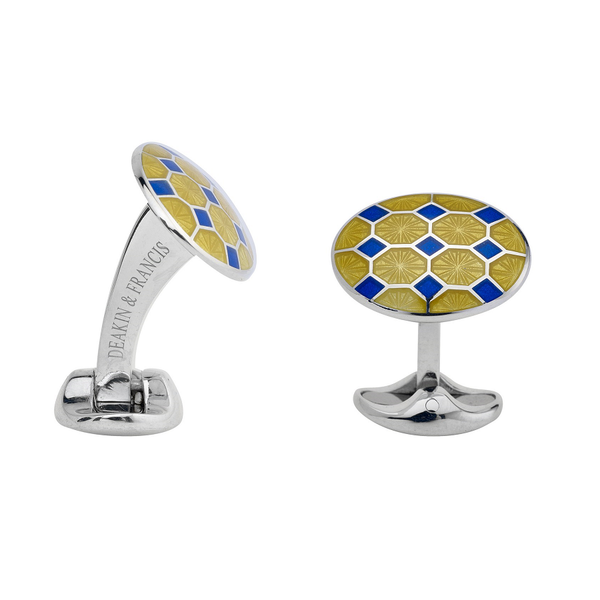 deakin & francis Sterling Silver Yellow and Blue Enamel Pattern Cufflinks
