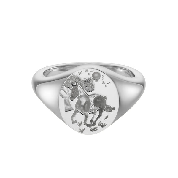 deakin & francis Sterling Silver Zodiac Signet Ring - 12x10mm Oval – Horse