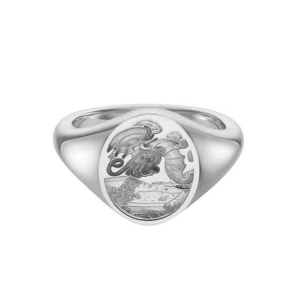 deakin & francis Sterling Silver Zodiac Signet Ring - 14x13mm Oval – Dragon (English)