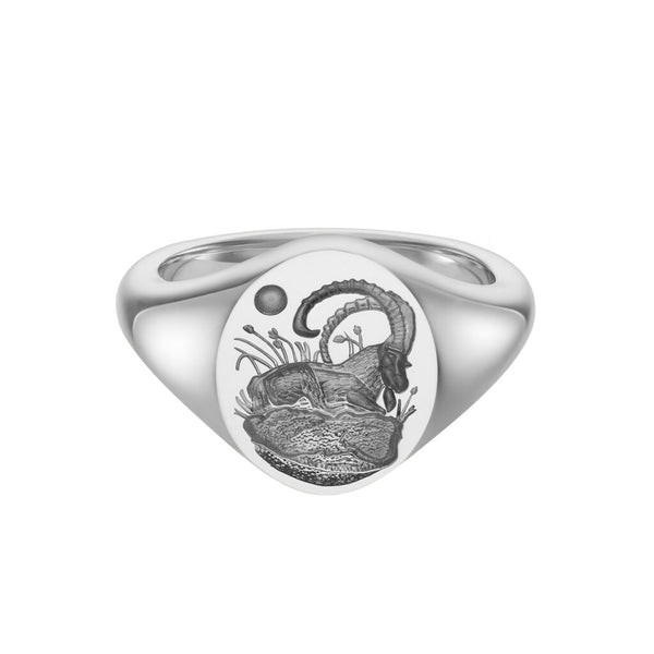 deakin & francis Sterling Silver Zodiac Signet Ring - 14x13mm Oval – Goat