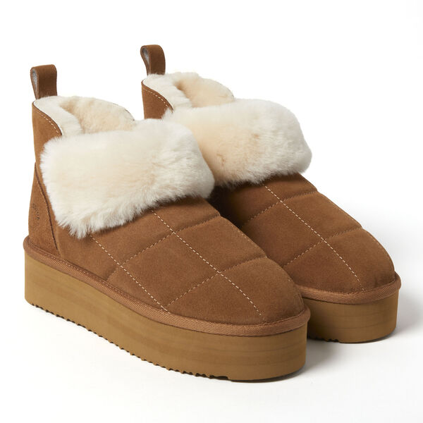 Dearfoams Women's Bayswater Genuine Shearling Quilted Platform Bootie