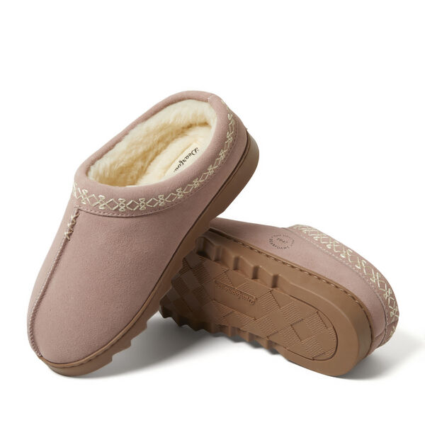 dearfoams Women's Doreen Genuine Suede Clog With Embroidery
