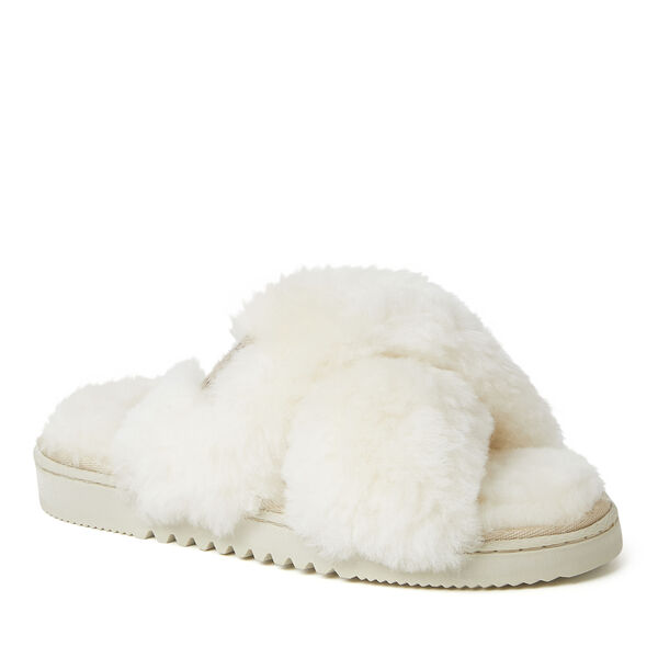 dearfoams Women's Fireside By Dearfoams New Castle Genuine Shearling Cross Band Slide