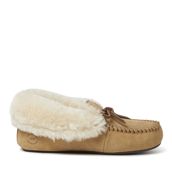 Dearfoams Women's Genuine Suede Foldover Moccasin With Tie Slipper