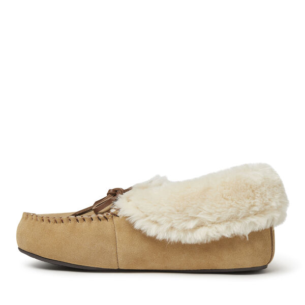 Dearfoams Women's Genuine Suede Foldover Moccasin With Tie Slipper