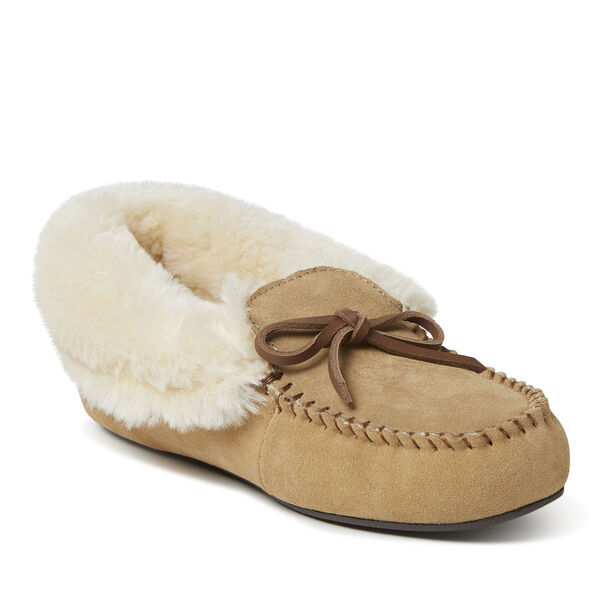 dearfoams Women's Genuine Suede Foldover Moccasin with Tie Slipper