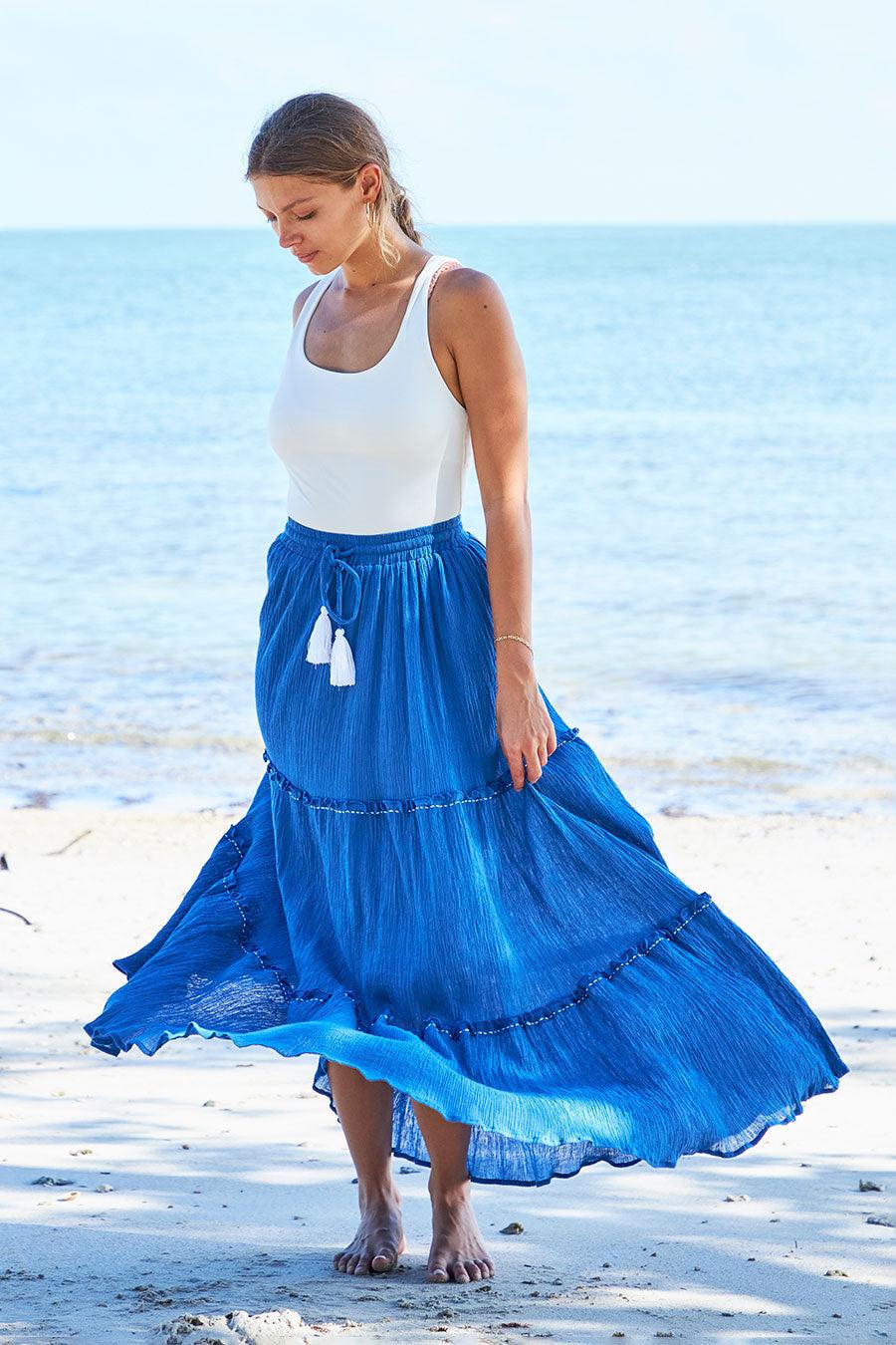 debbie katz Ariana Tiered Boho Skirt Royal Blue