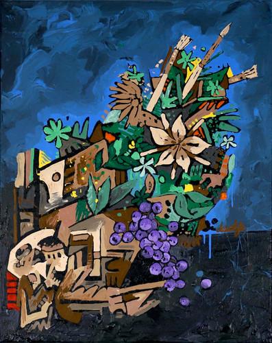 decolife Still life flowers skull brushes and grapes