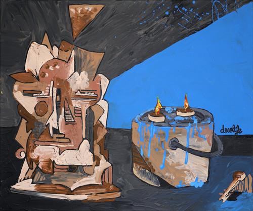 decolife Still life Portrait blue paint candle and key