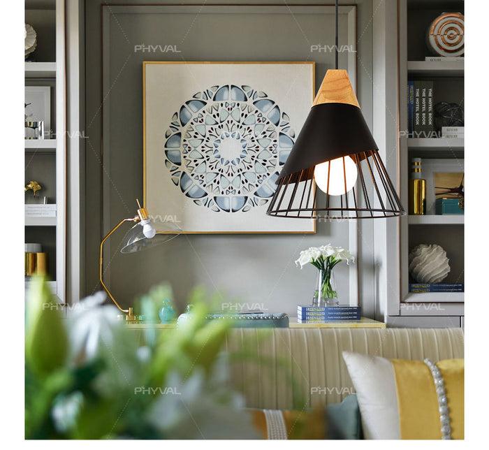 Decoramo Wooden Base Iron Cage Hanging Nordic Lamp